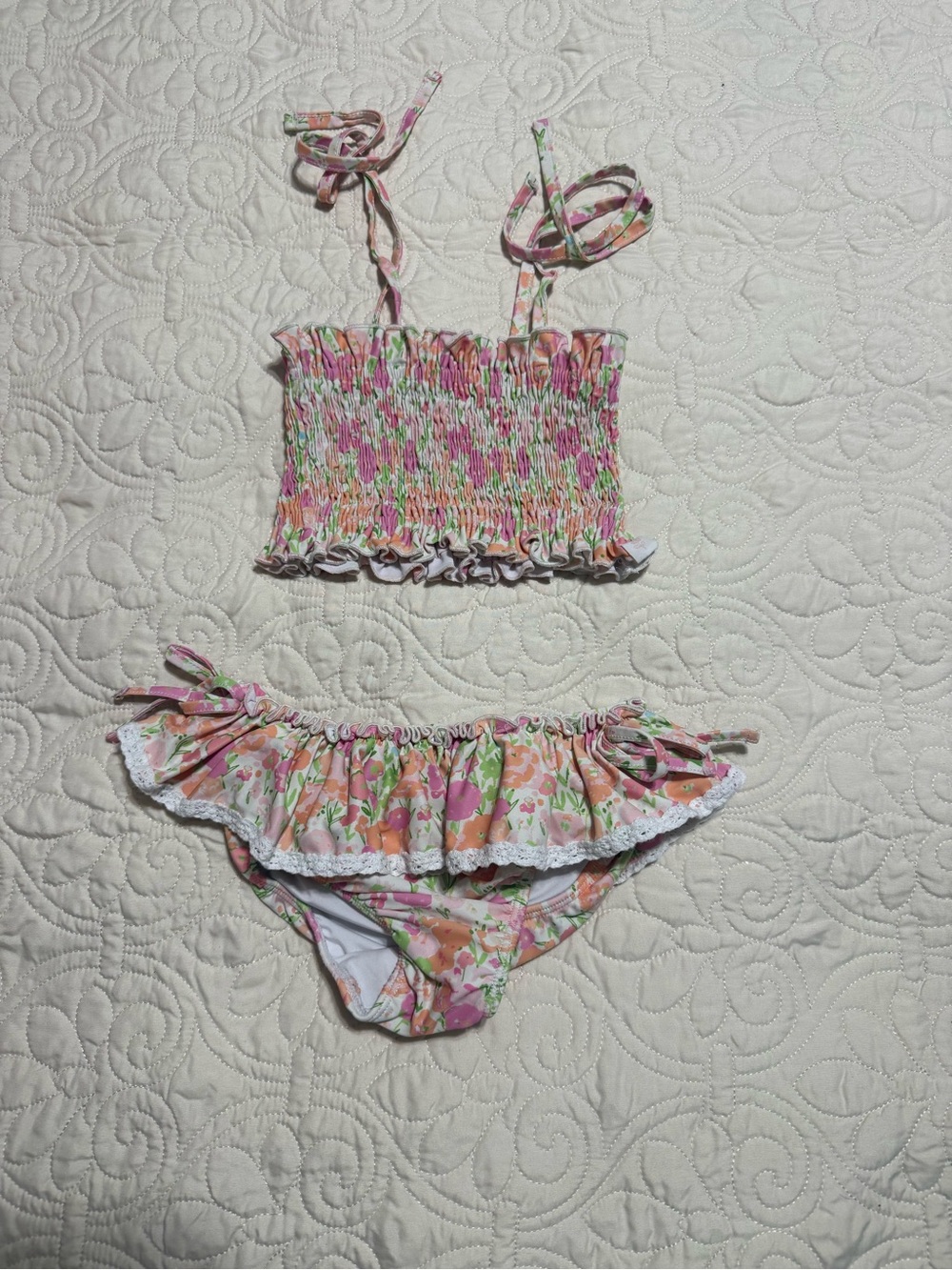 Sweet Honey brand pink orange Floral Ruffle Two-Piece Bikini Set 4T stretchy top